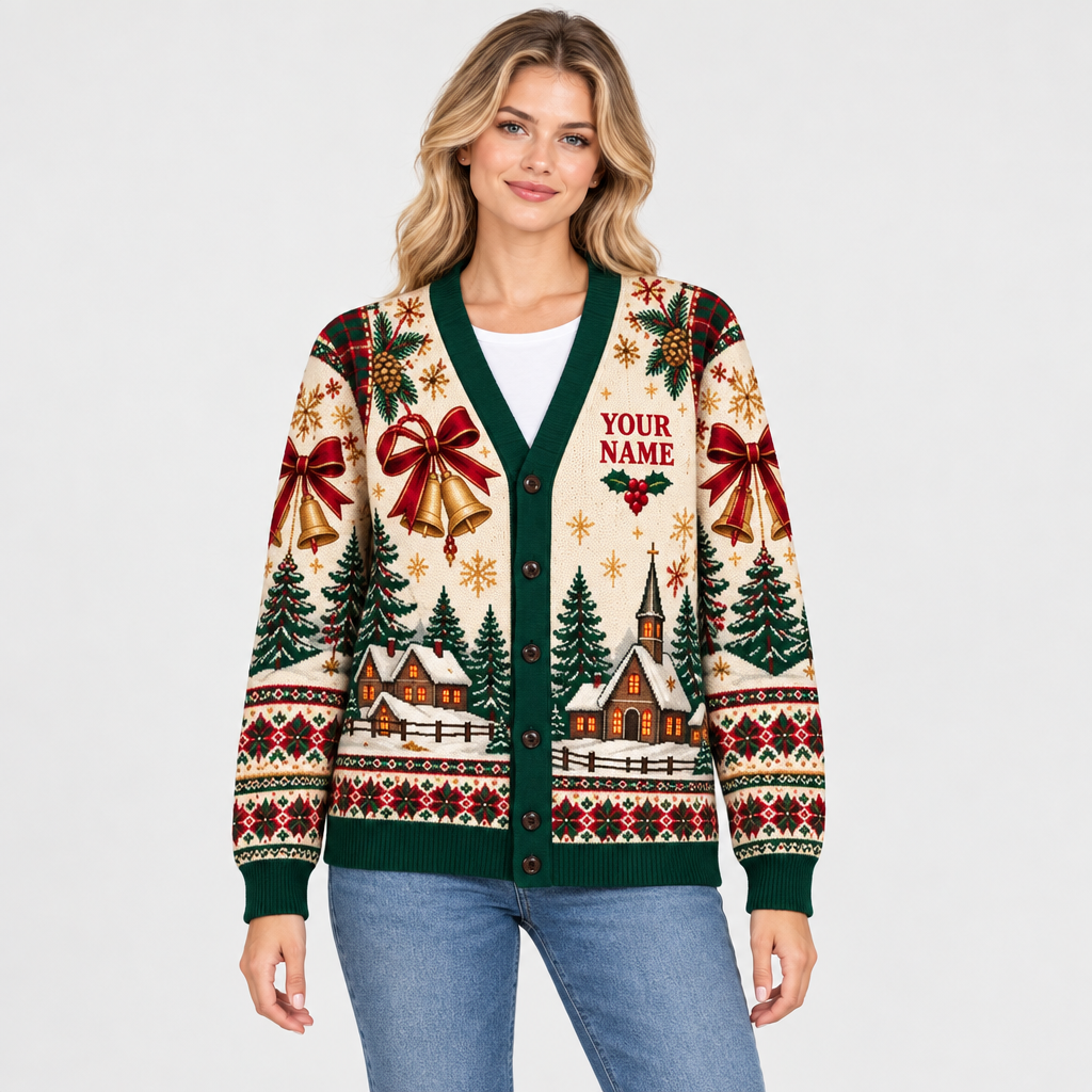 Female model wearing the Christmas cardigan