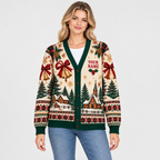 Female model wearing the Christmas cardigan