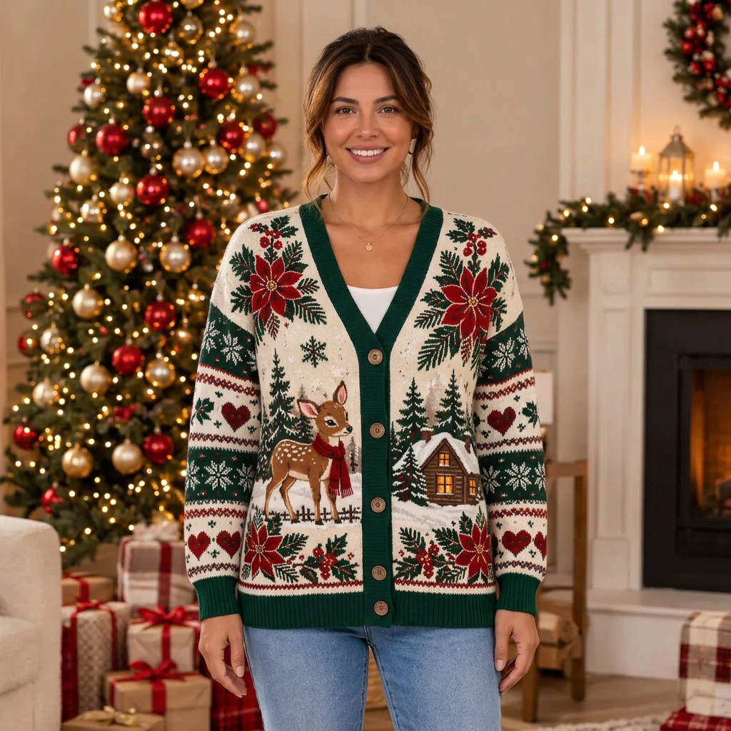 Female model wearing the Christmas cardigan