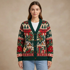 Female model wearing the Christmas cardigan