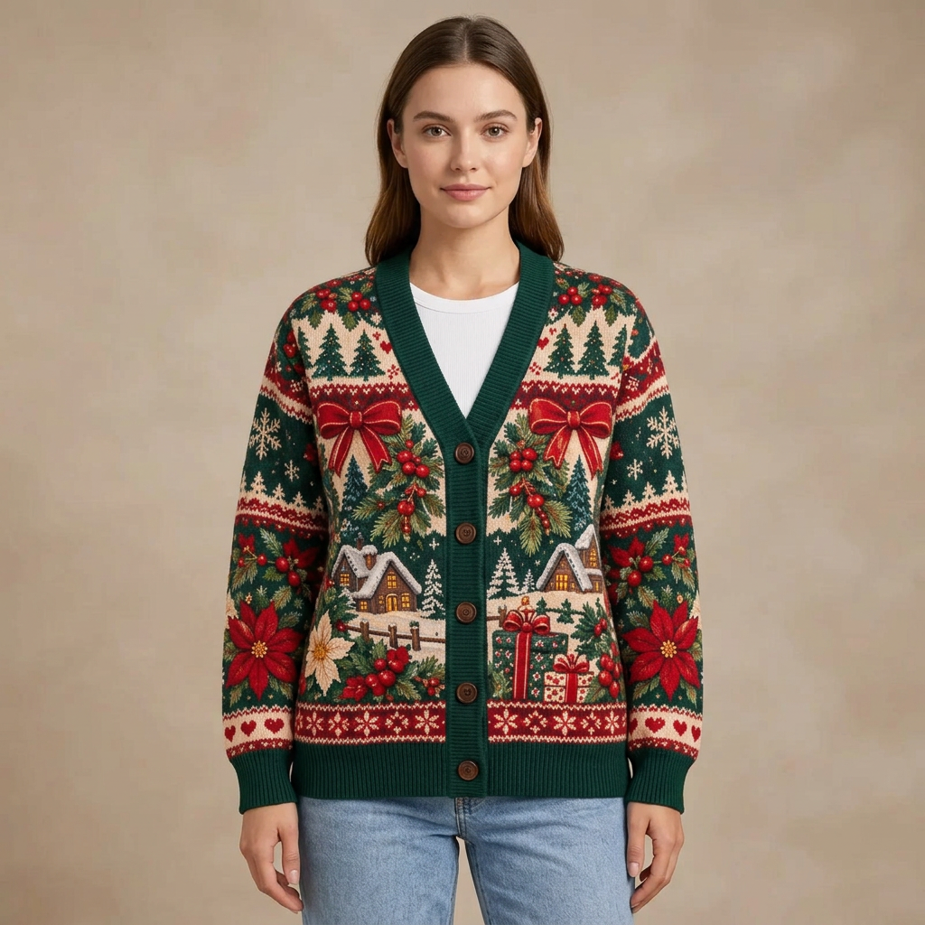 Female model wearing the Christmas cardigan