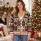 Female model wearing the Christmas cardigan