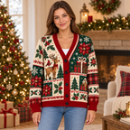Female model wearing the Christmas cardigan