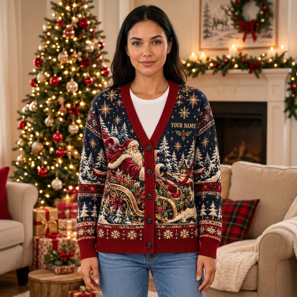 Female model wearing the Christmas cardigan