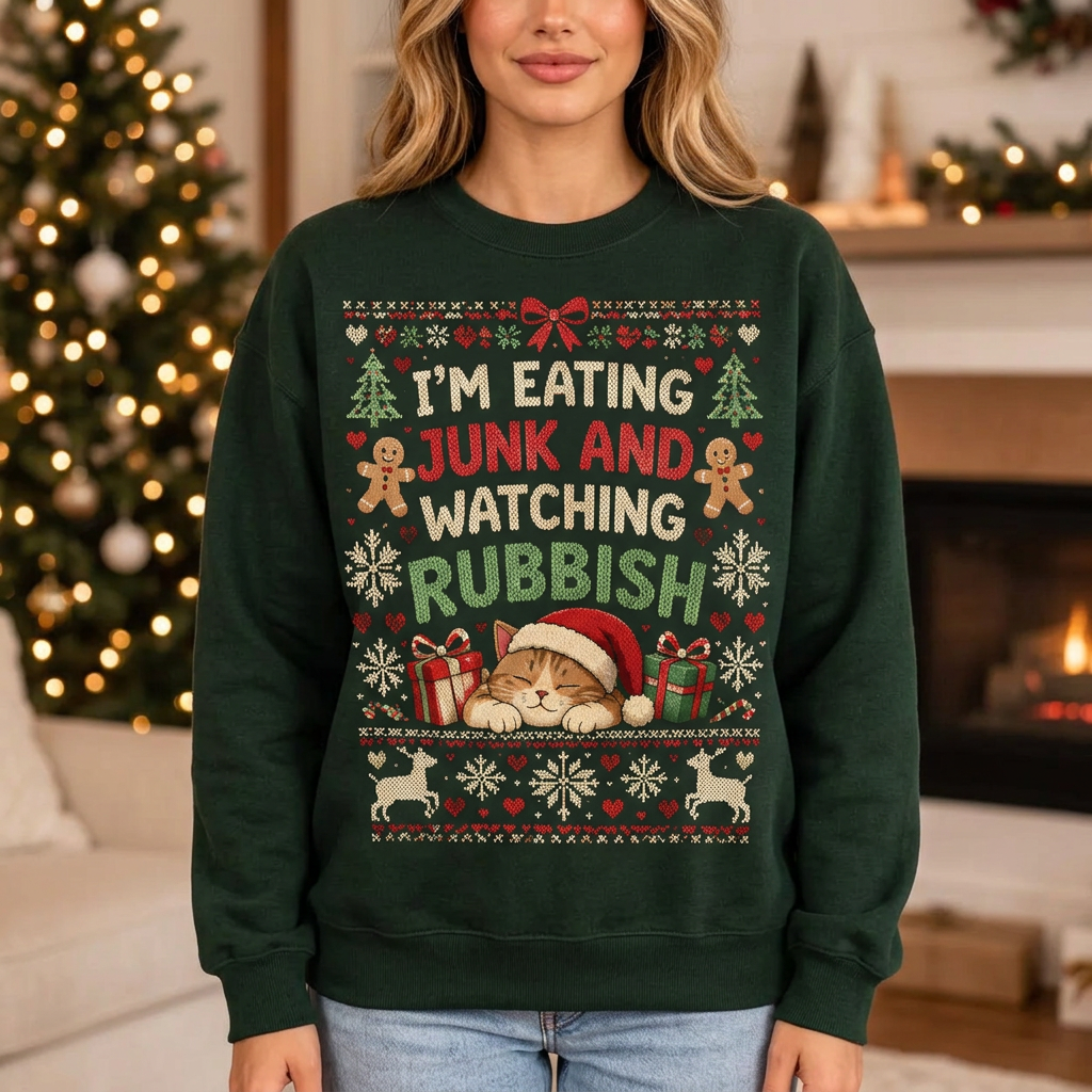 Female model wearing the Christmas cat sweatshirt