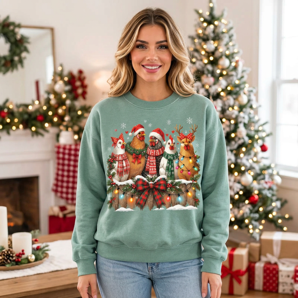 Female model wearing the Christmas chicken sweatshirt