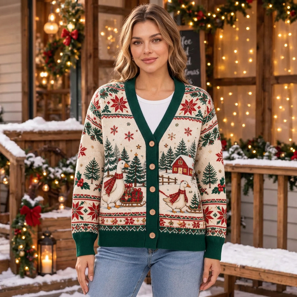 Female model wearing the Christmas goose cardigan