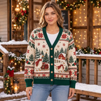 Female model wearing the Christmas goose cardigan