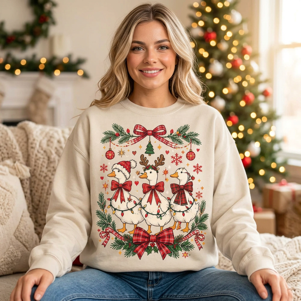 Female model wearing the Christmas goose sweatshirt