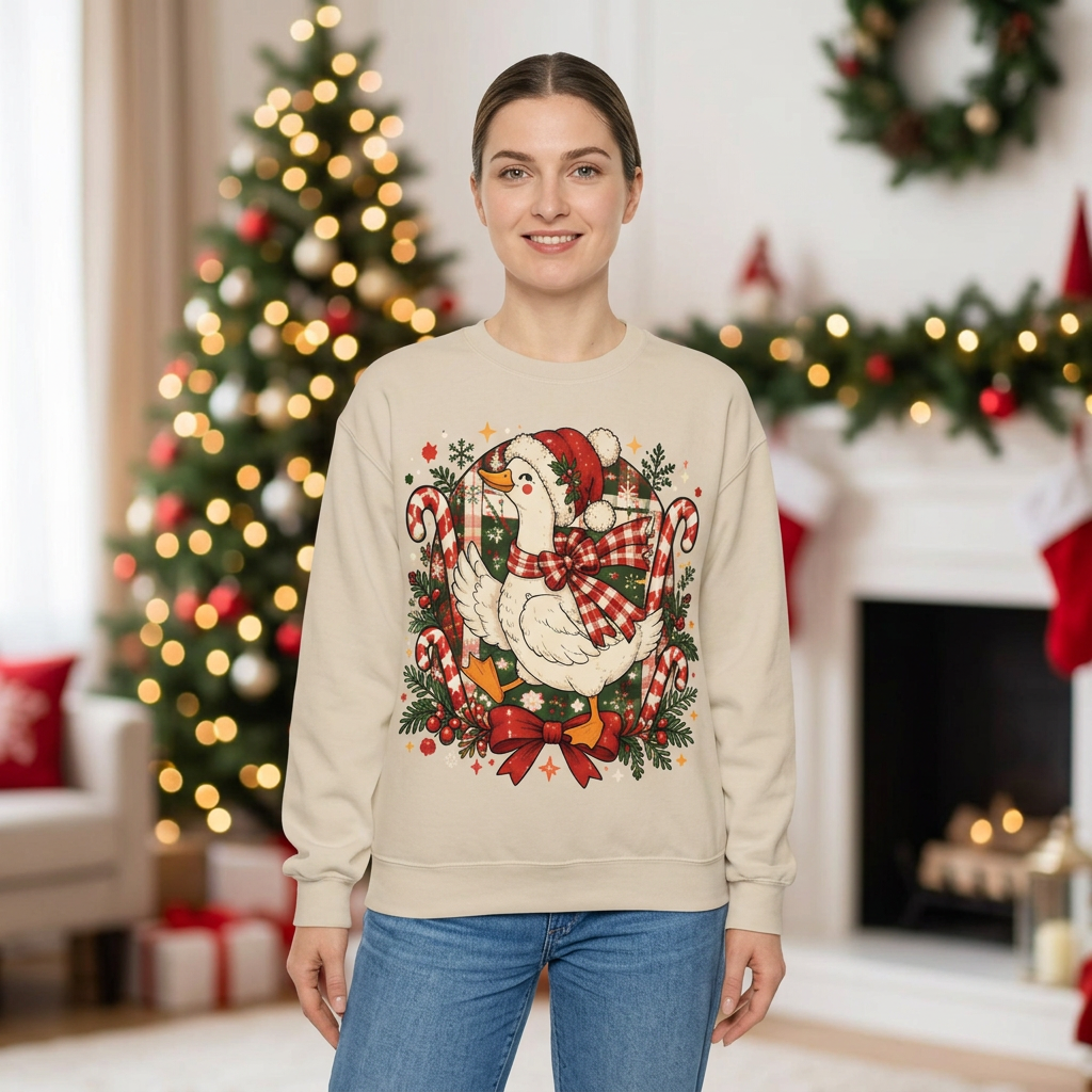 Female model wearing the Christmas goose sweatshirt