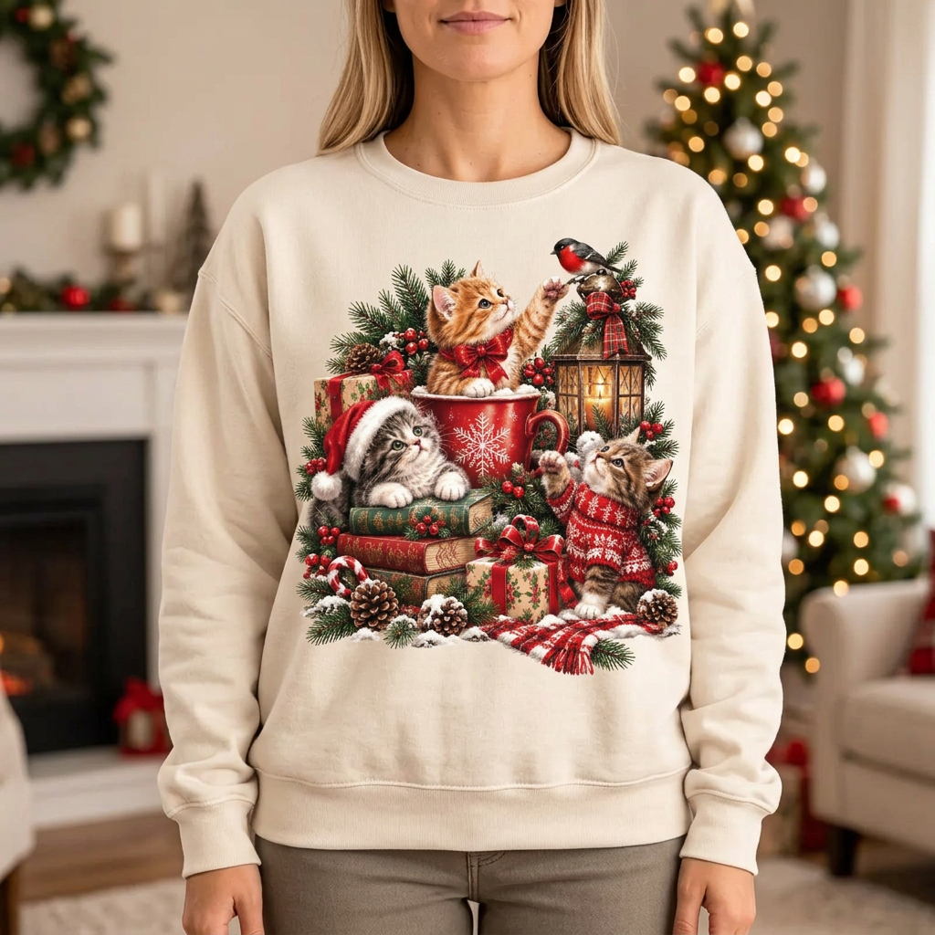 Female model wearing the Christmas kitten sweatshirt