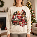 Female model wearing the Christmas kitten sweatshirt