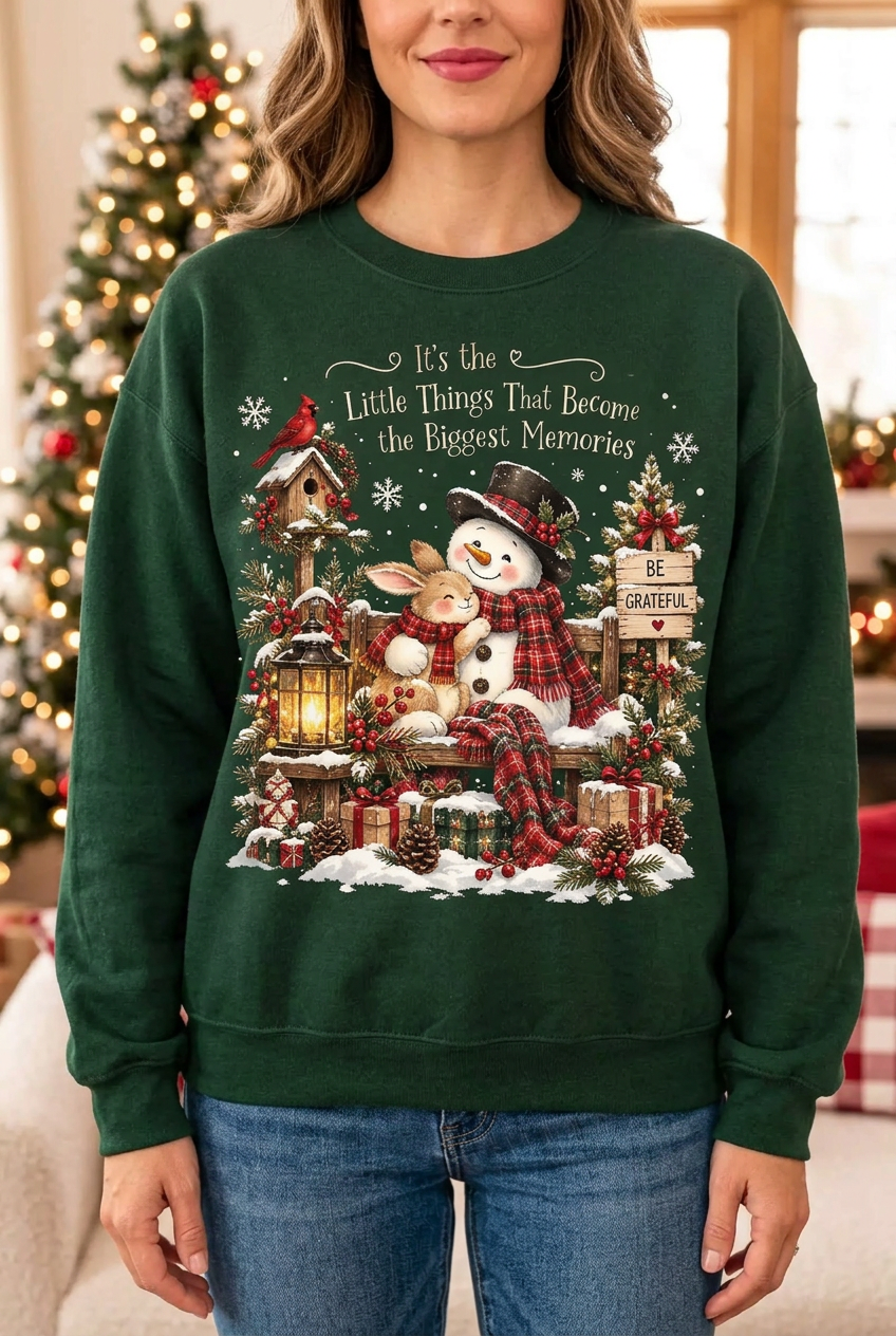 Female model wearing the Christmas Memories sweatshirt