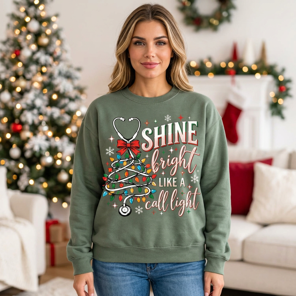 Female model wearing the Christmas nurse sweatshirt