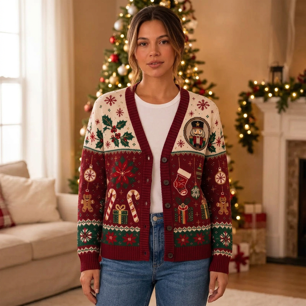 Female model wearing the Christmas nutcracker cardigan