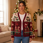 Female model wearing the Christmas nutcracker cardigan