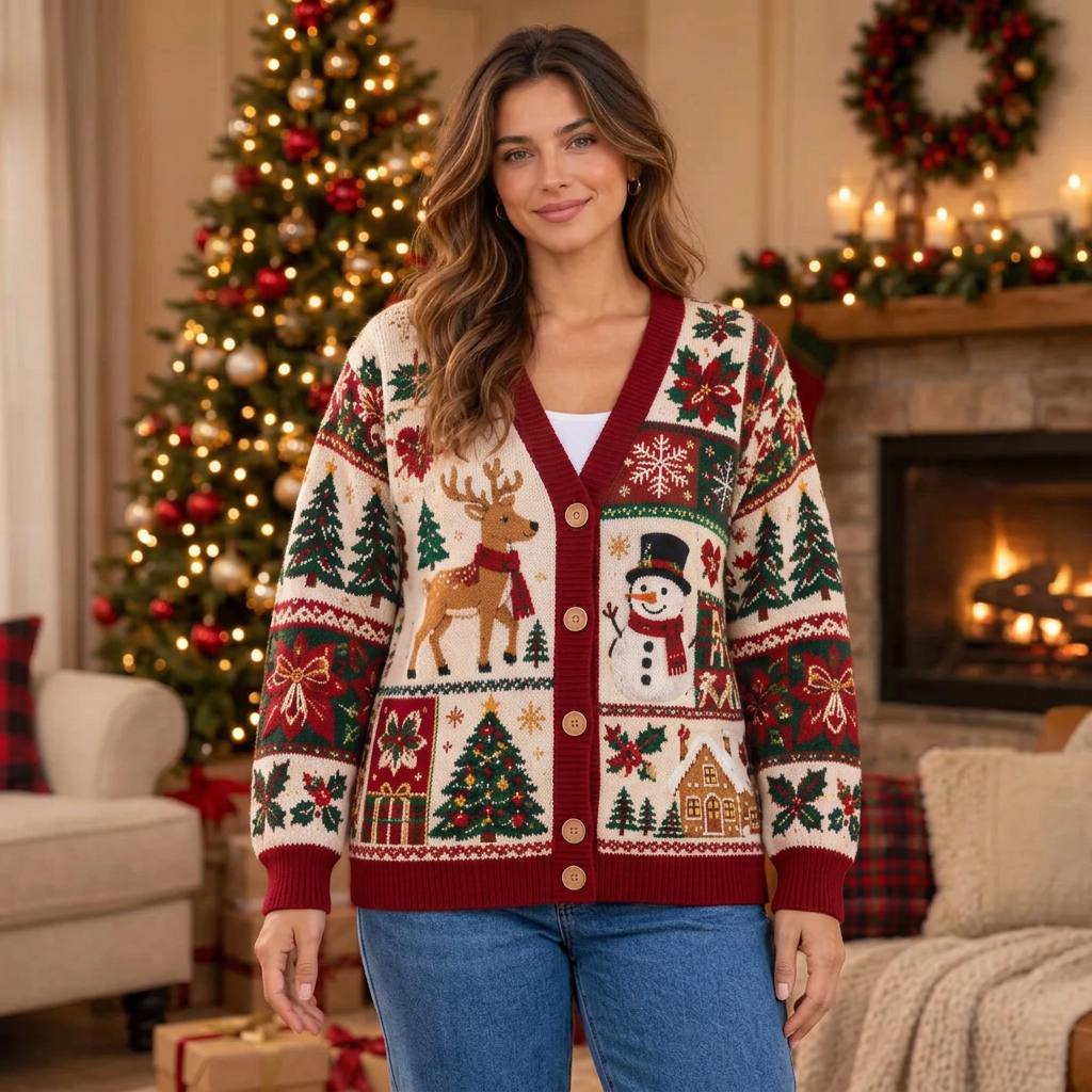 Female model wearing the Christmas patchwork cardigan