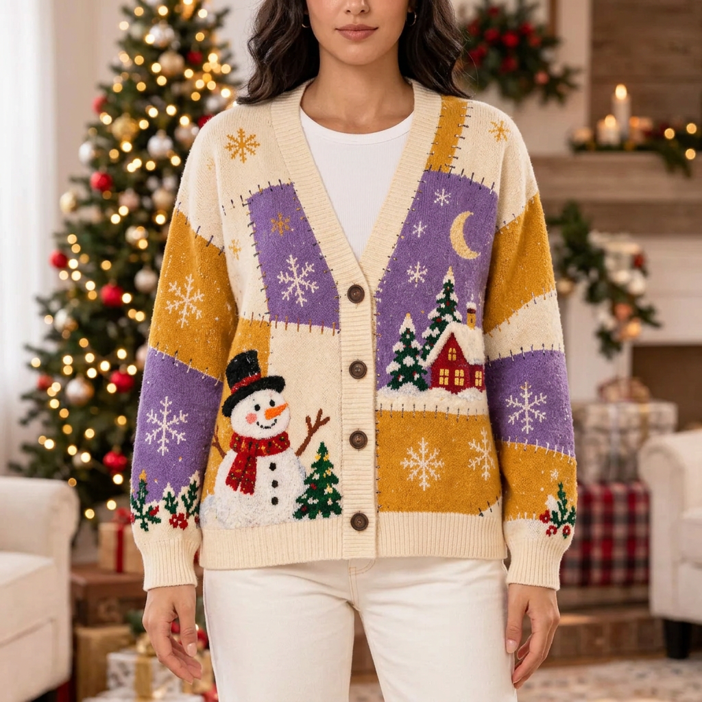 Female model wearing the Christmas patchwork cardigan