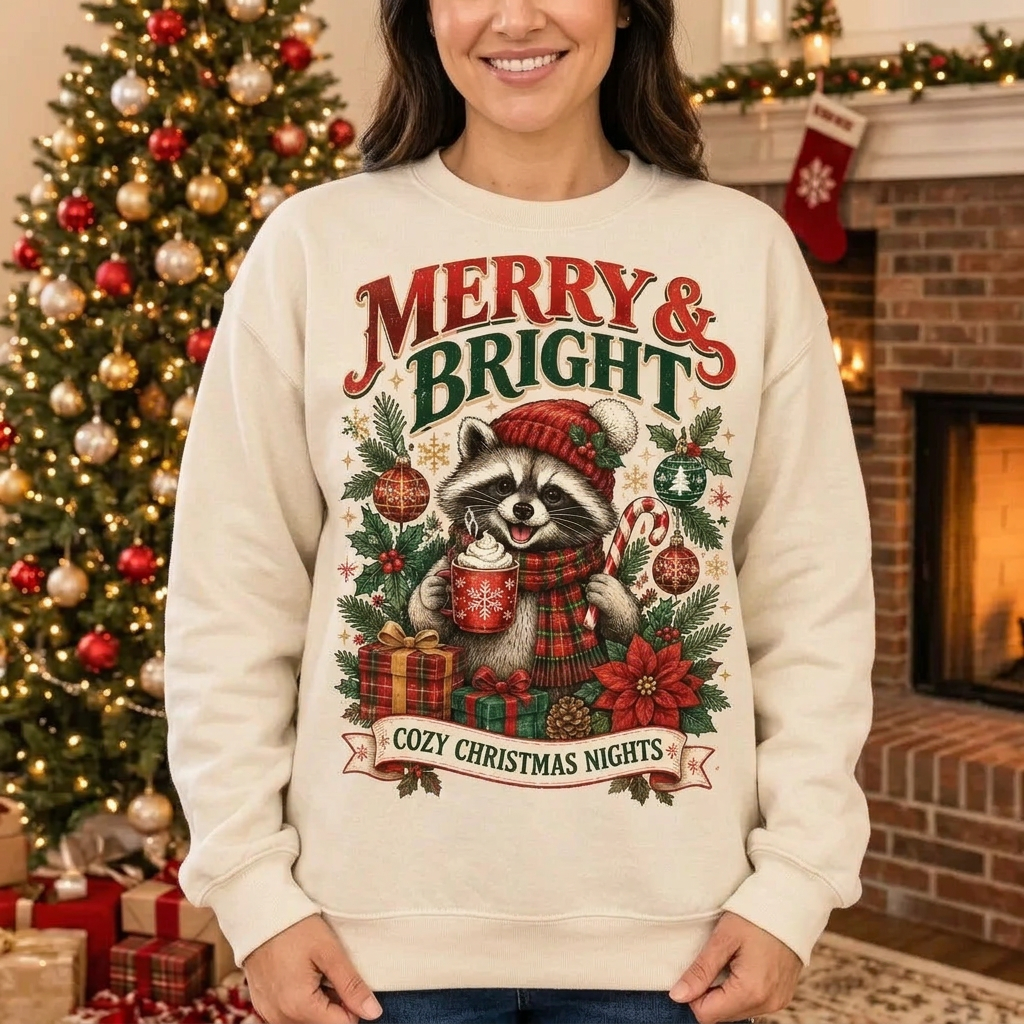 Female model wearing the Christmas raccoon sweatshirt
