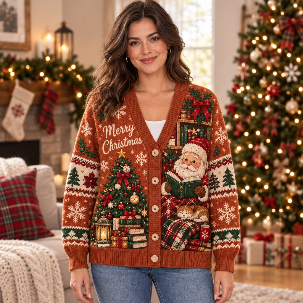 Female model wearing the Christmas reading cardigan