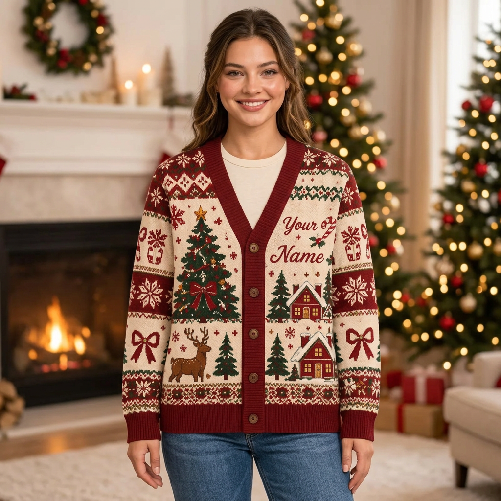 Female model wearing the Christmas reindeer and cabin cardigan