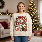 Female model wearing the Christmas season sweatshirt