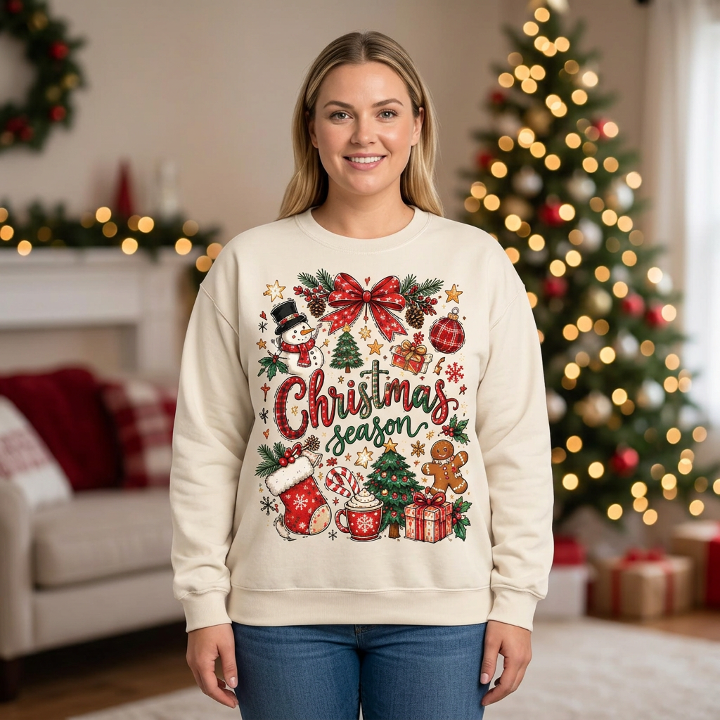 Female model wearing the Christmas season sweatshirt