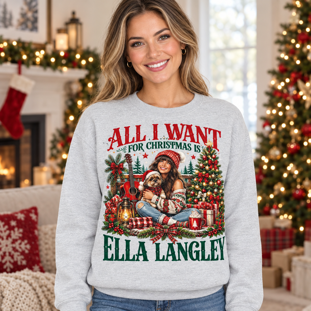 Female model wearing the Christmas sweatshirt
