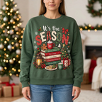 Female model wearing the Christmas sweatshirt