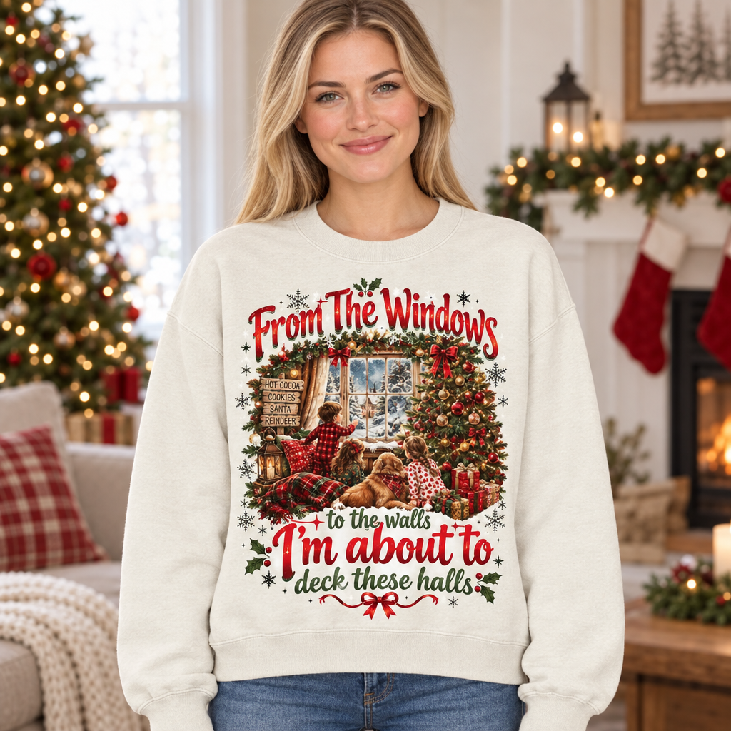 Female model wearing the Christmas sweatshirt