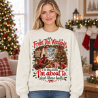 Female model wearing the Christmas sweatshirt