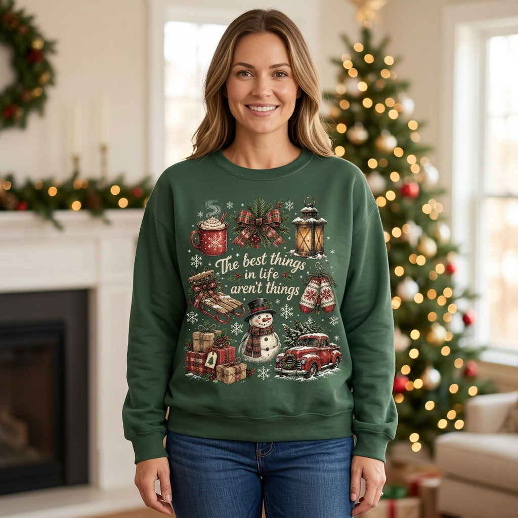 Female model wearing the Christmas sweatshirt
