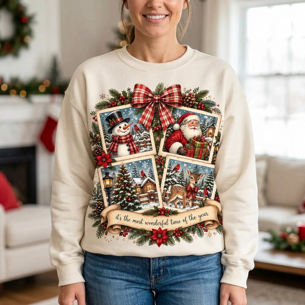 Female model wearing the Christmas sweatshirt