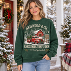 Female model wearing the Christmas Tree Farm sweatshirt