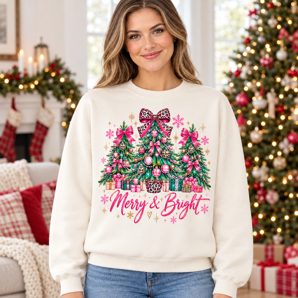 Female model wearing the Christmas-tree sweatshirt
