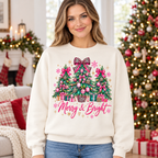 Female model wearing the Christmas-tree sweatshirt