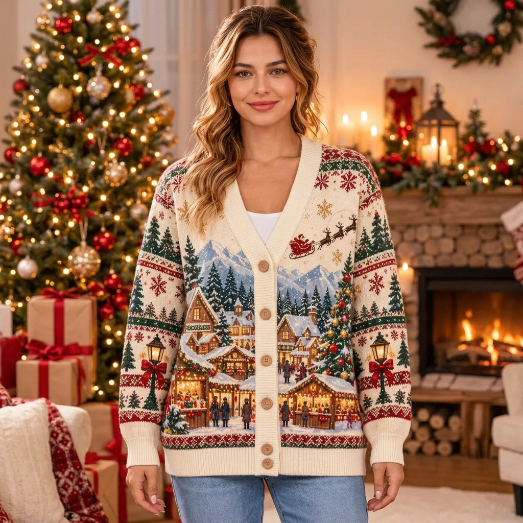 Female model wearing the Christmas village cardigan