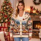 Female model wearing the Christmas village cardigan