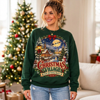 Female model wearing the Christmas Village sweatshirt