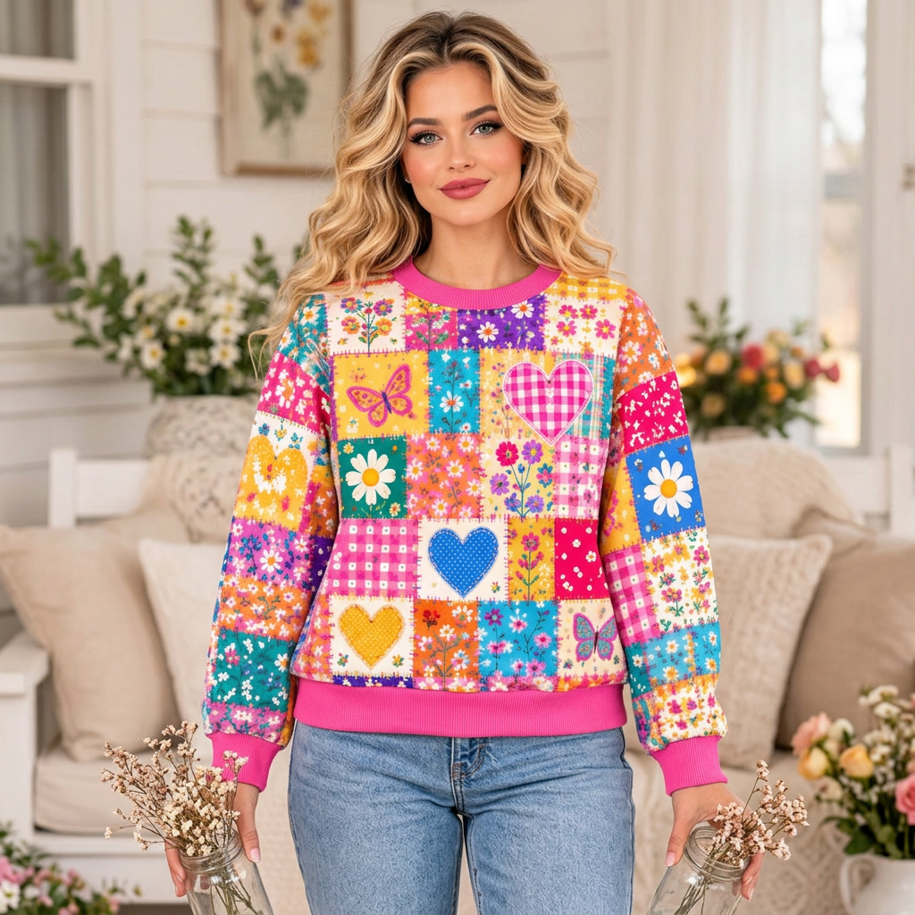 Female model wearing the Coat Of Many Colors sweatshirt
