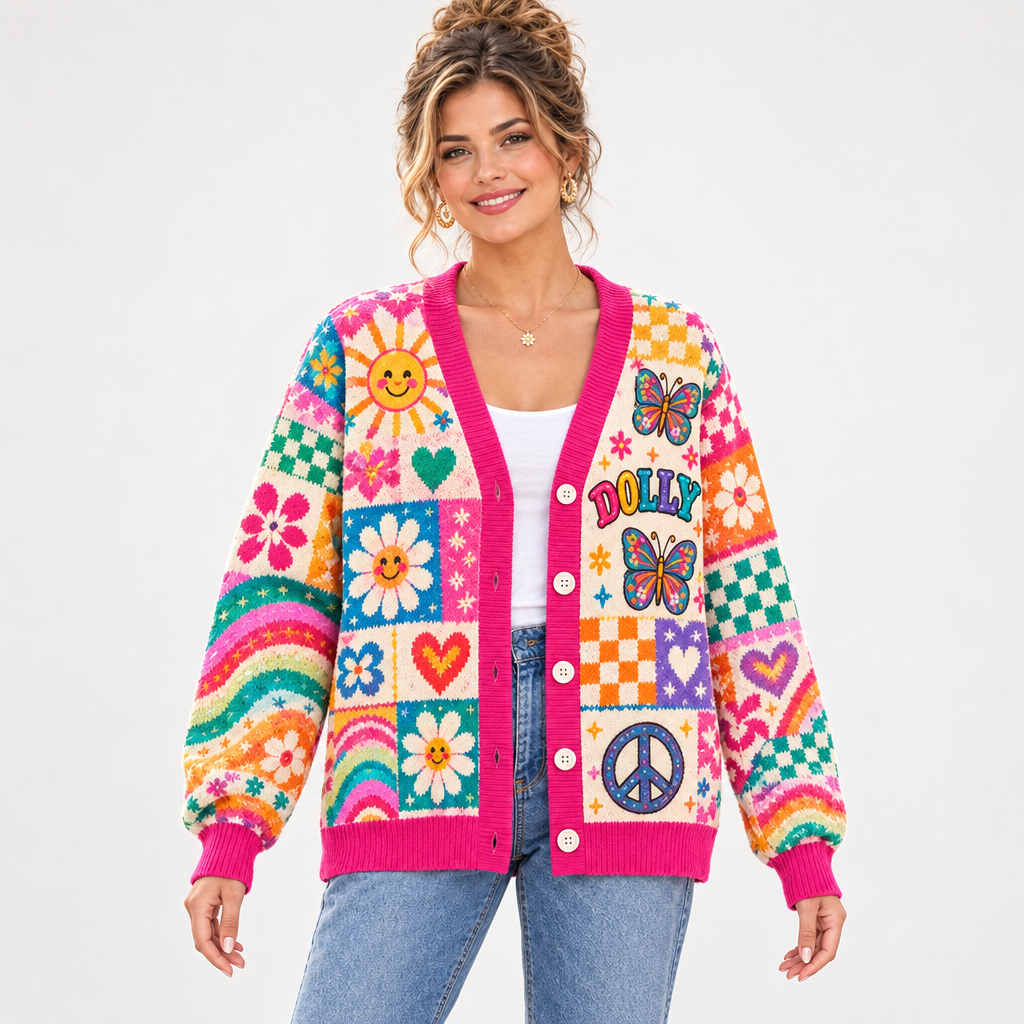 Female model wearing the colorful Dolly cardigan