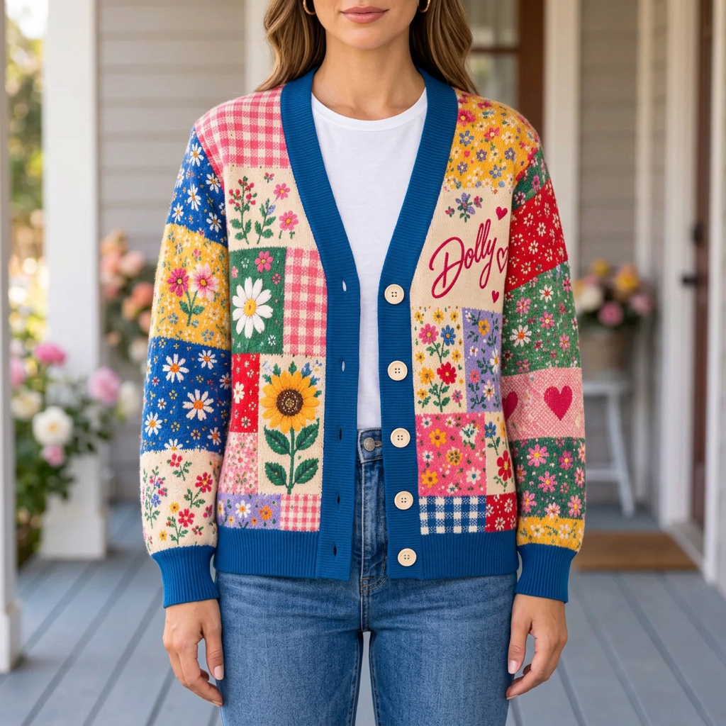 Female model wearing the Colorful Dolly Floral cardigan