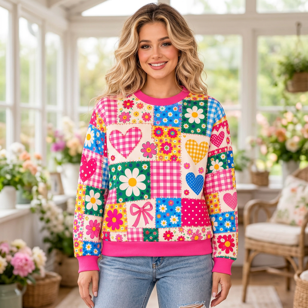 Female model wearing the colorful patchwork sweatshirt