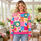 Female model wearing the colorful patchwork sweatshirt