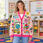 Female model wearing the colorful teacher cardigan