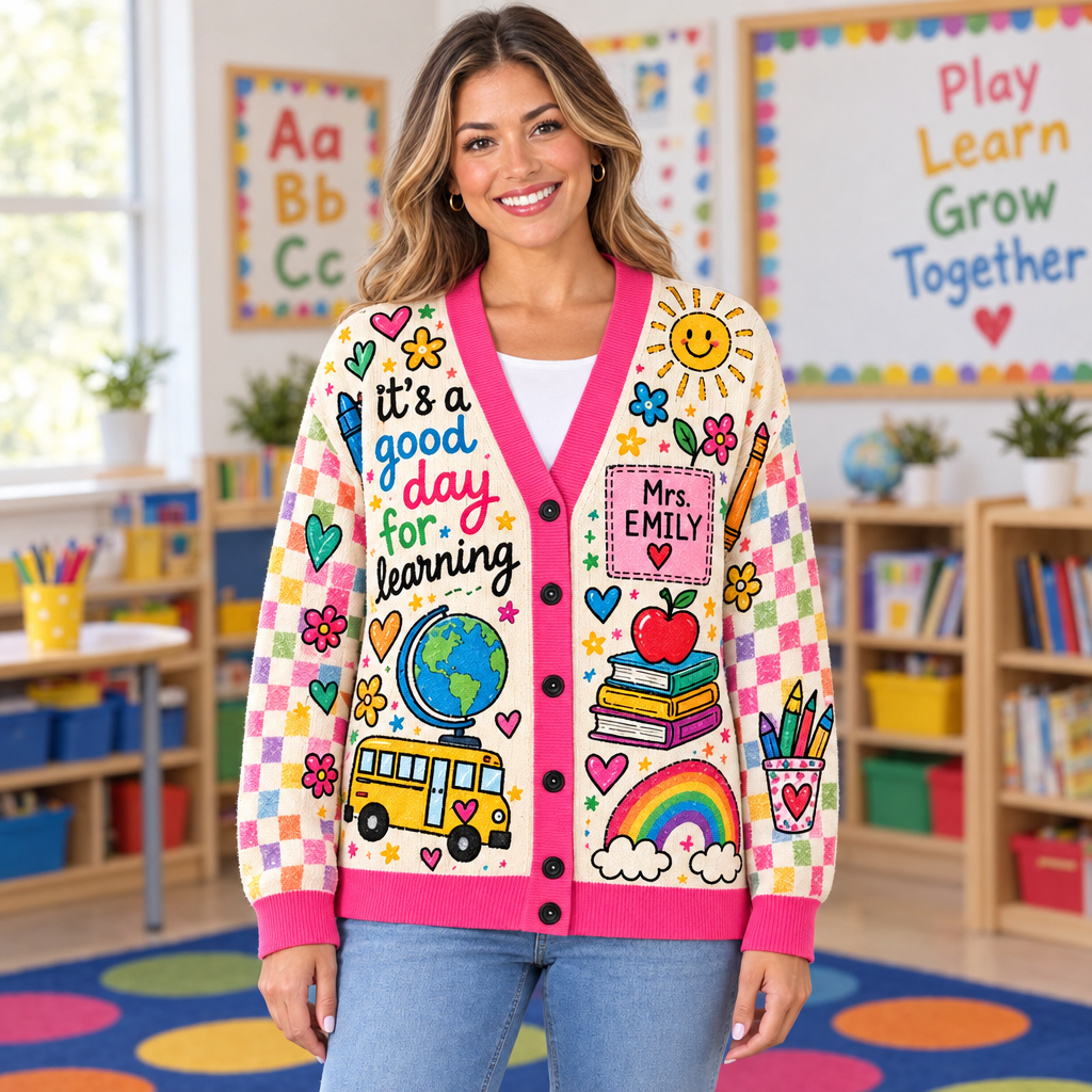 Female model wearing the colorful teacher cardigan