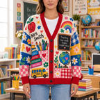 Female model wearing the Colorful Teacher cardigan