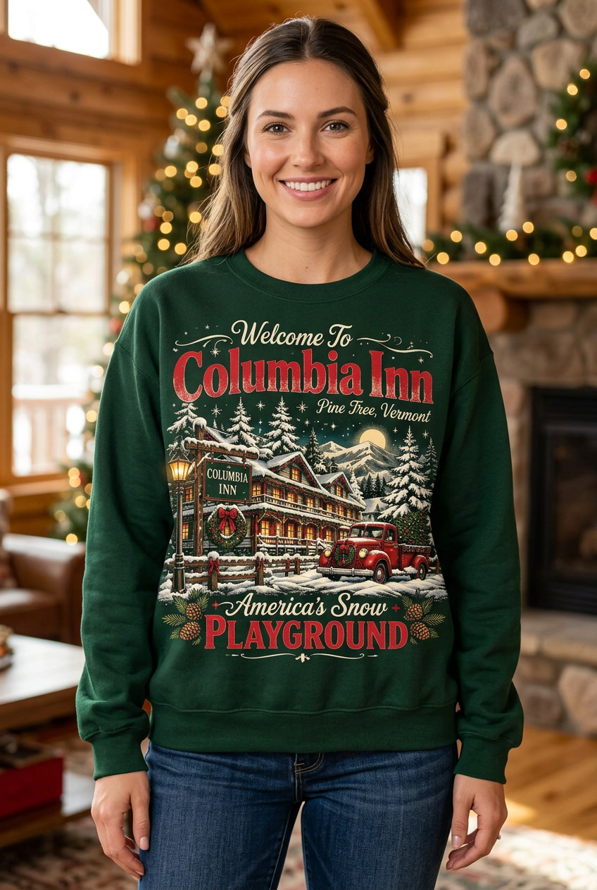 Female model wearing the Columbia Inn sweatshirt