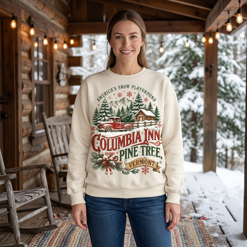 Female model wearing the Columbia Inn sweatshirt