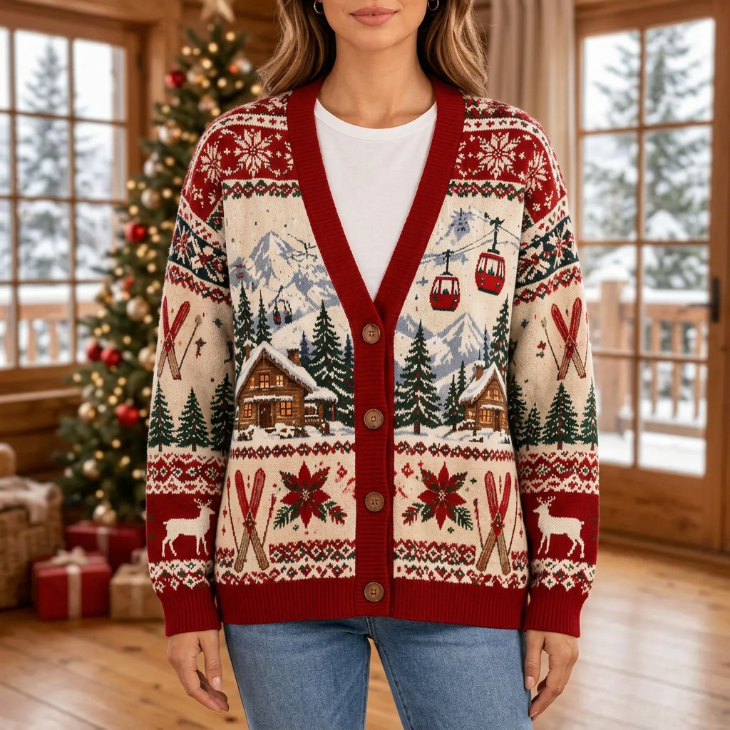 Female model wearing the Cozy Alpine Skiing cardigan